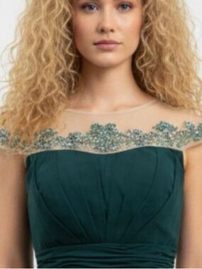 ONE BY EIGHT- Emerald Green Evening Dress with Beaded Illusion Neckline